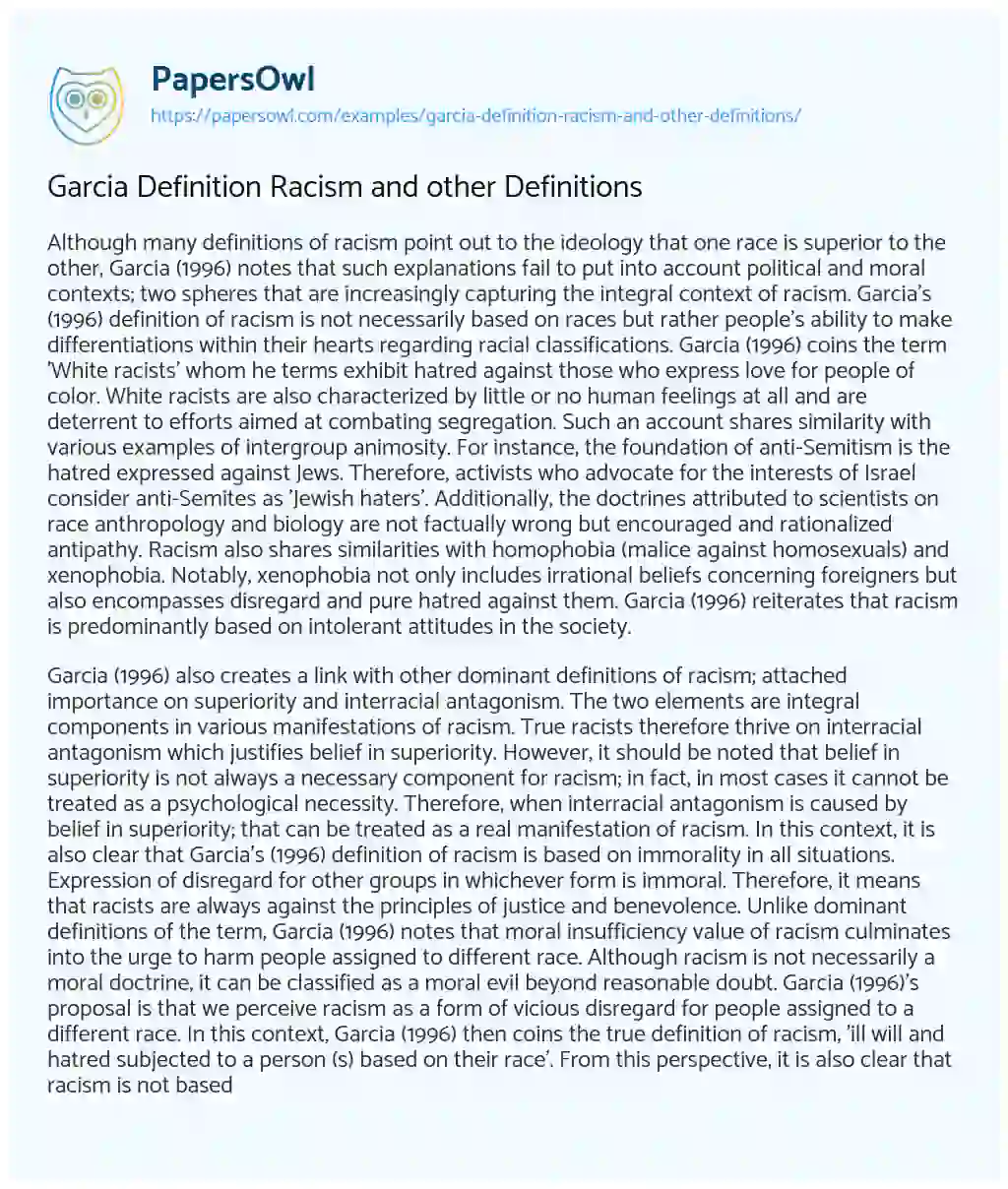 Essay on Garcia Definition Racism and other Definitions