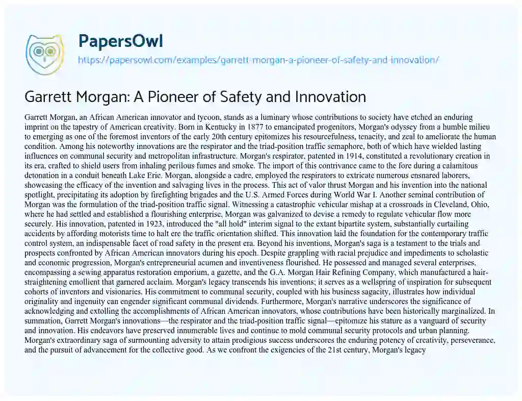 Essay on Garrett Morgan: a Pioneer of Safety and Innovation