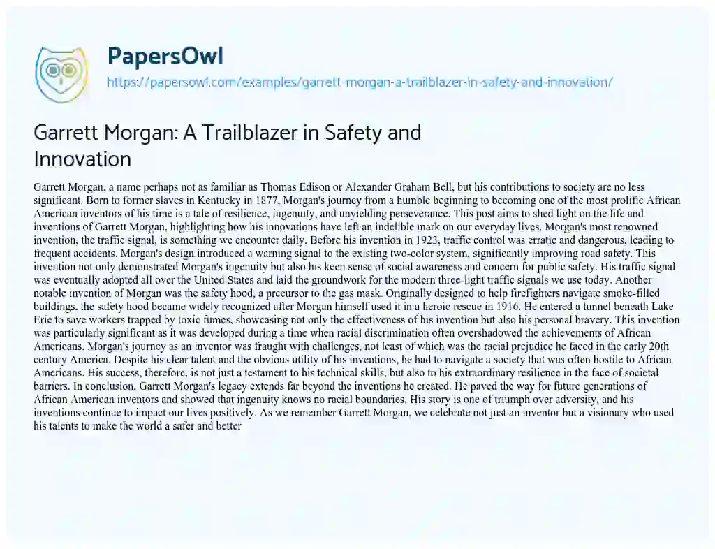Essay on Garrett Morgan: a Trailblazer in Safety and Innovation