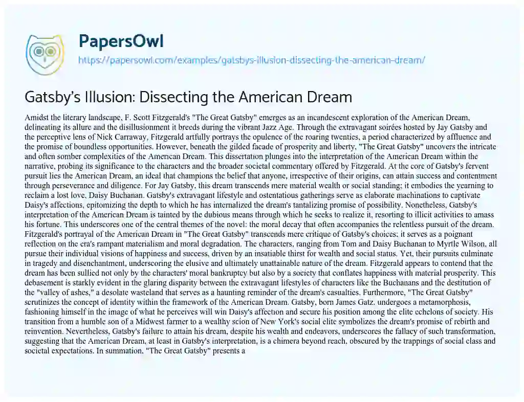 Essay on Gatsby’s Illusion: Dissecting the American Dream