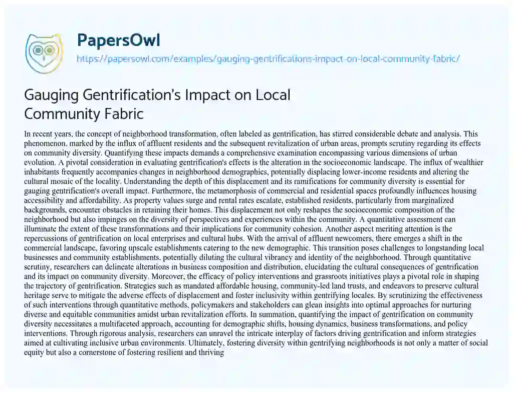 Essay on Gauging Gentrification’s Impact on Local Community Fabric