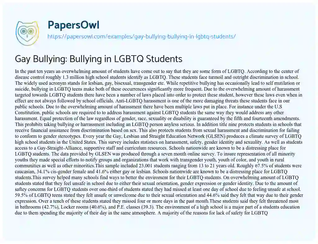 Essay on Gay Bullying: Bullying in LGBTQ Students