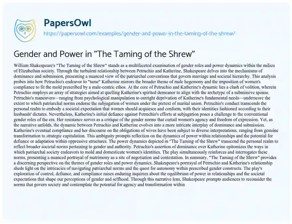 Essay on Gender and Power in “The Taming of the Shrew”