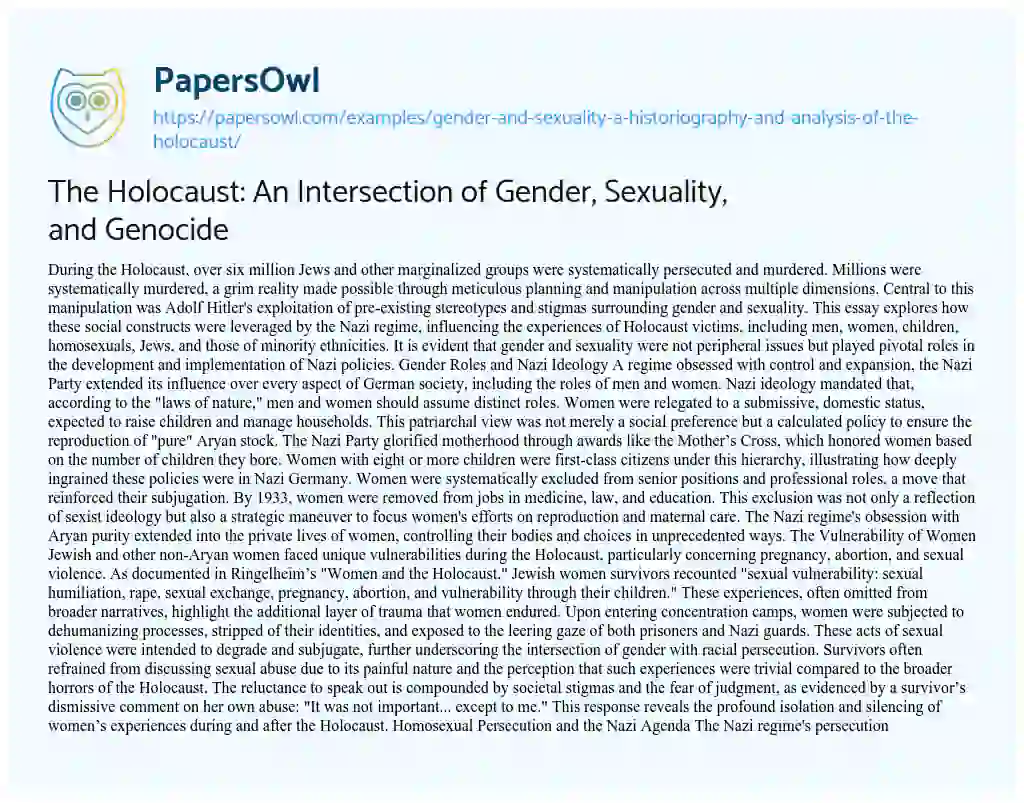 Essay on The Holocaust: An Intersection of Gender, Sexuality, and Genocide
