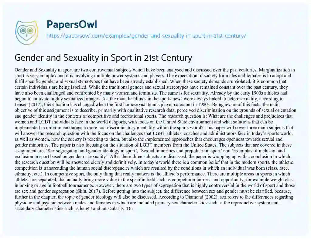 Essay on Gender and Sexuality in Sport in 21st Century