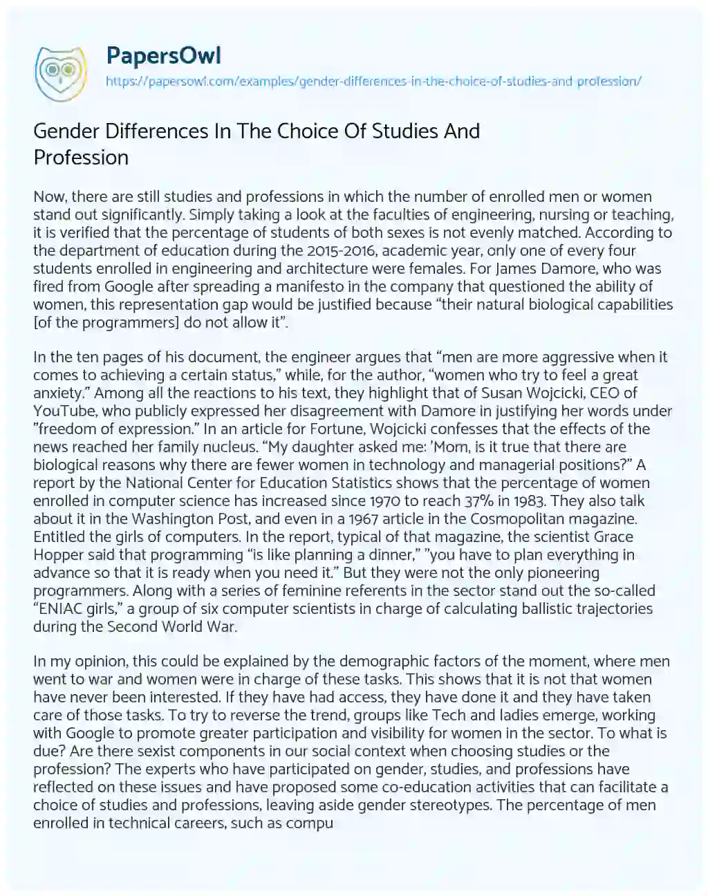 Essay on Gender Differences in the Choice of Studies and Profession