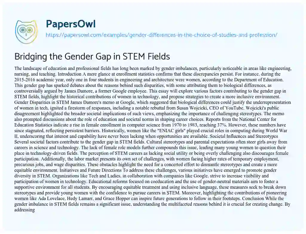 Essay on Gender Differences in the Choice of Studies and Profession