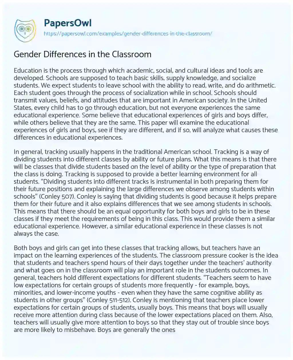 Gender Differences in the Classroom essay