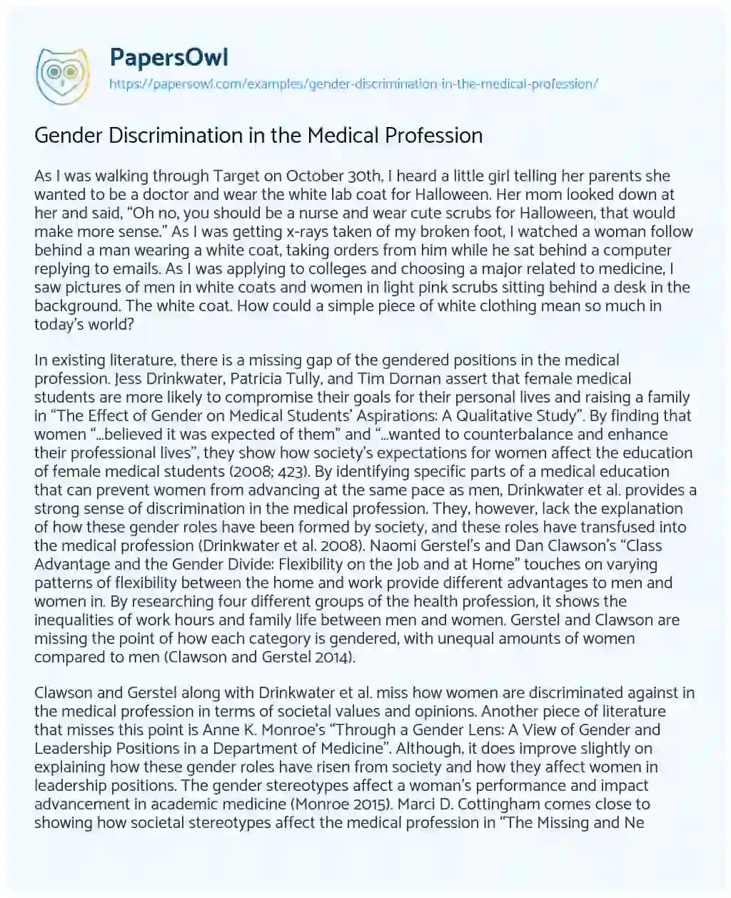 Essay on Gender Discrimination in the Medical Profession