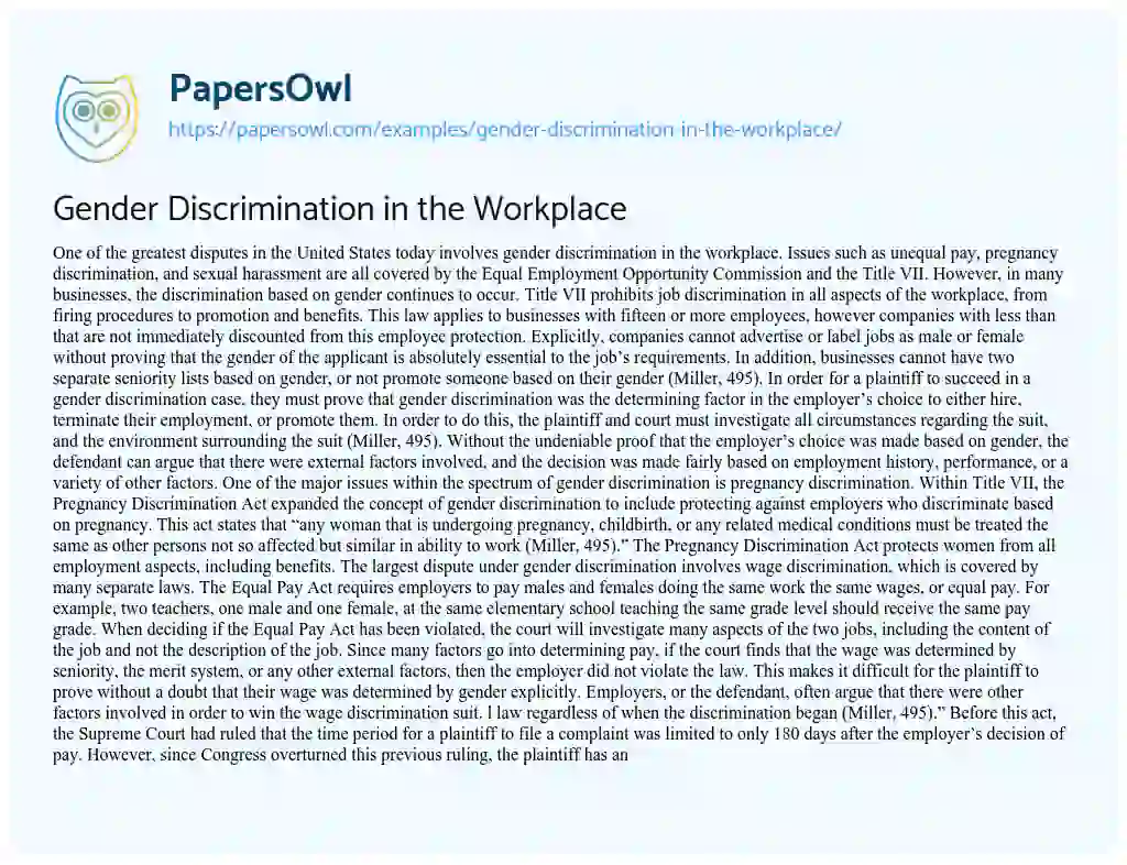 Essay on Gender Discrimination in the Workplace
