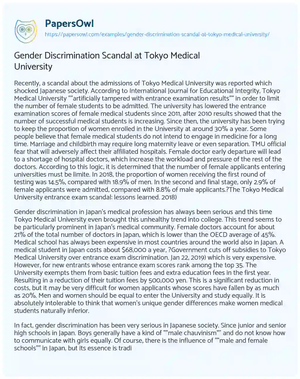 Essay on Gender Discrimination Scandal at Tokyo Medical University