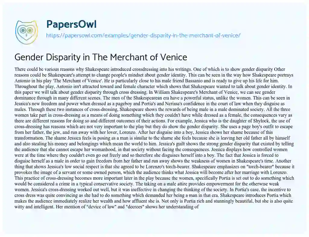Essay on Gender Disparity in the Merchant of Venice