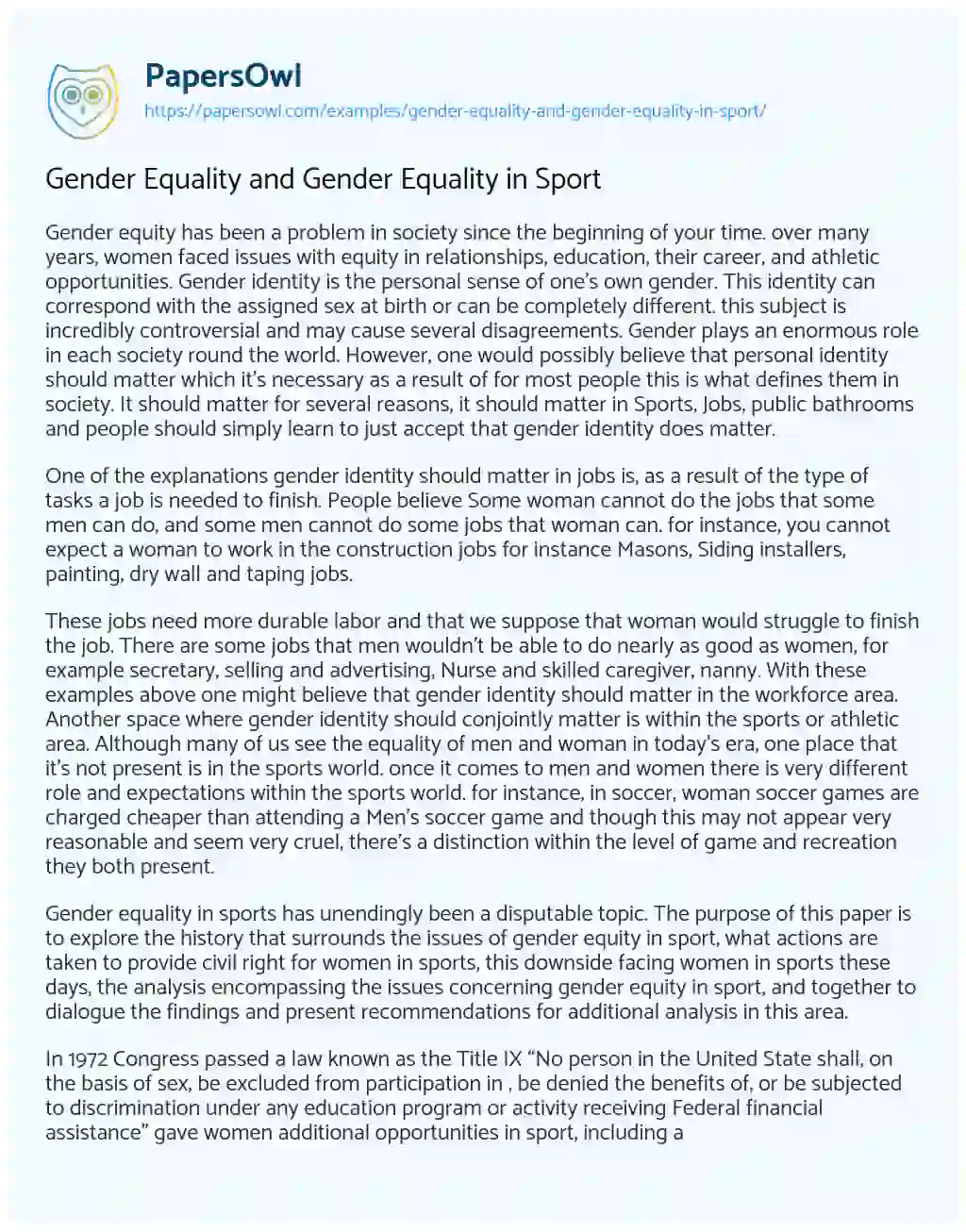 Essay on Gender Equality and Gender Equality in Sport