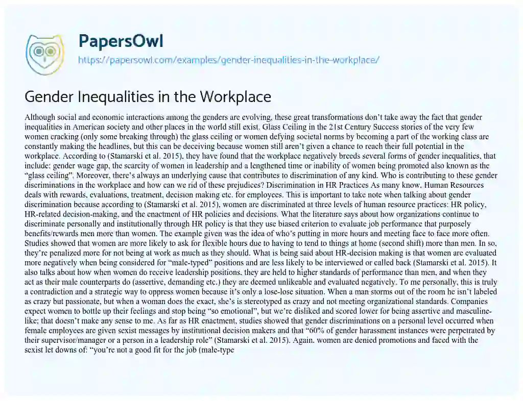 Essay on Gender Inequalities in the Workplace