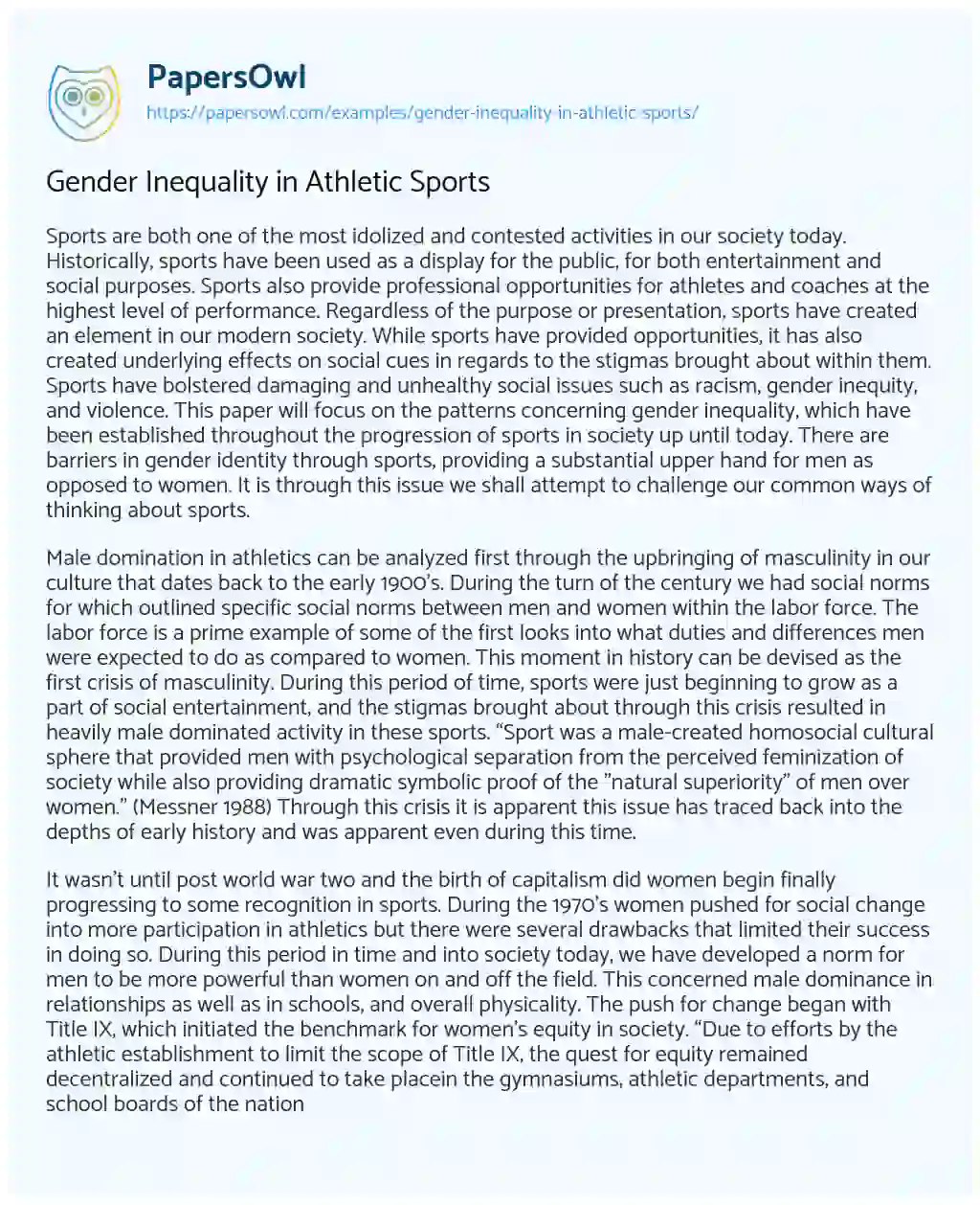Essay on Gender Inequality in Athletic Sports