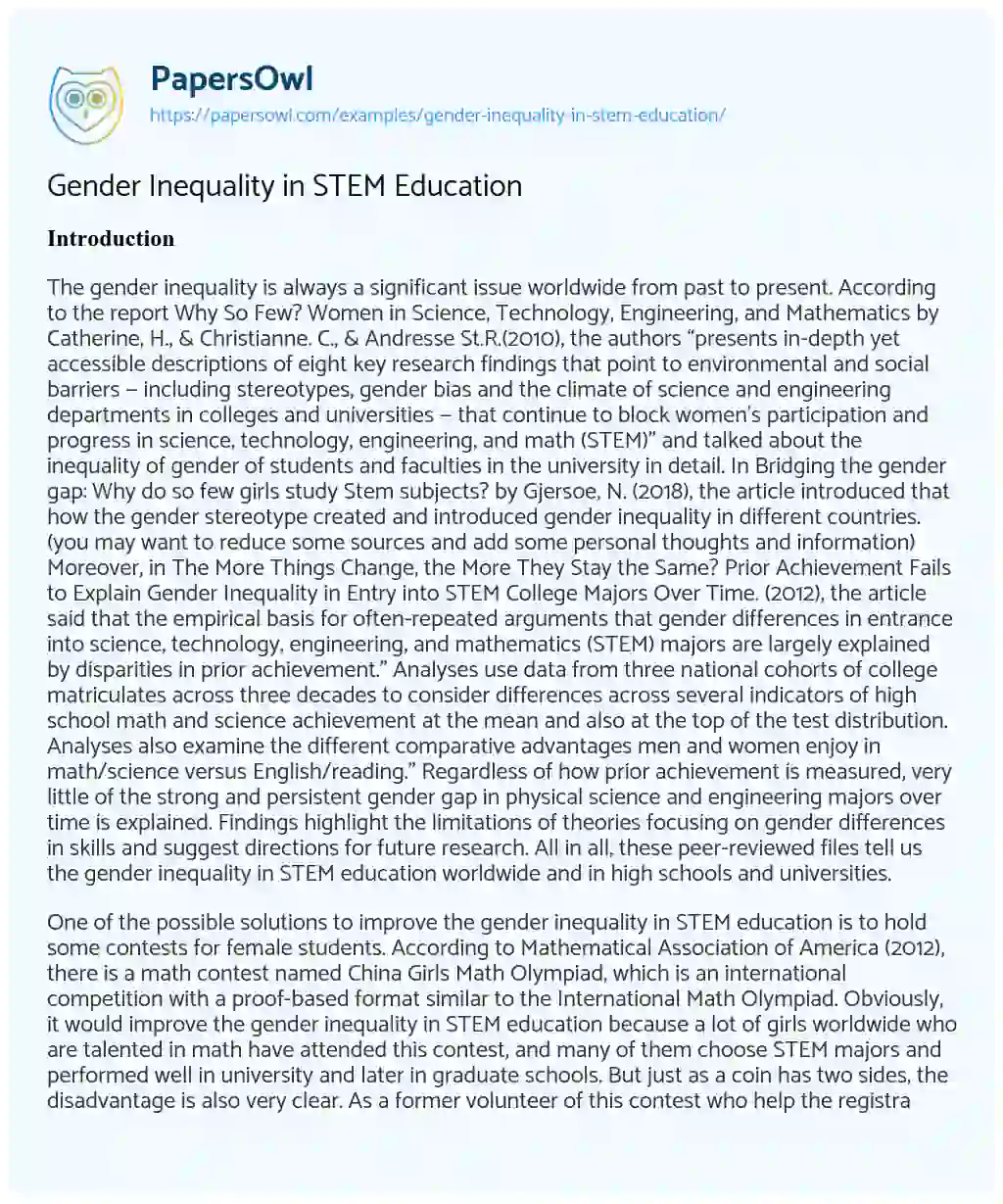 Gender Inequality in STEM Education Gender Inequality in STEM Education essay