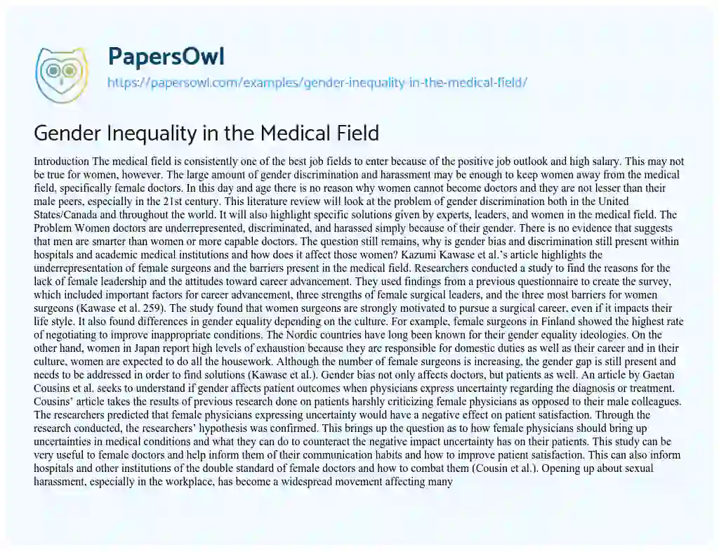 Essay on Gender Inequality in the Medical Field
