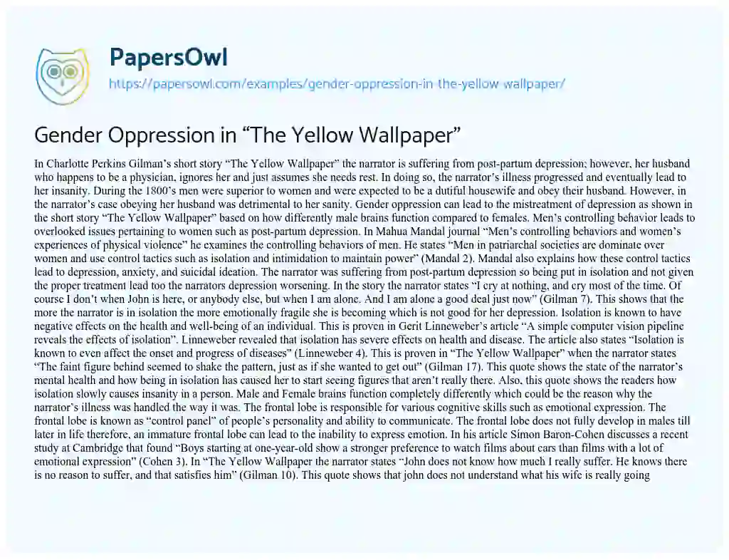 Essay on Gender Oppression in “The Yellow Wallpaper”