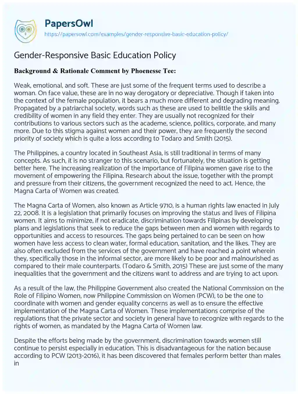 Gender-Responsive Basic Education Policy essay