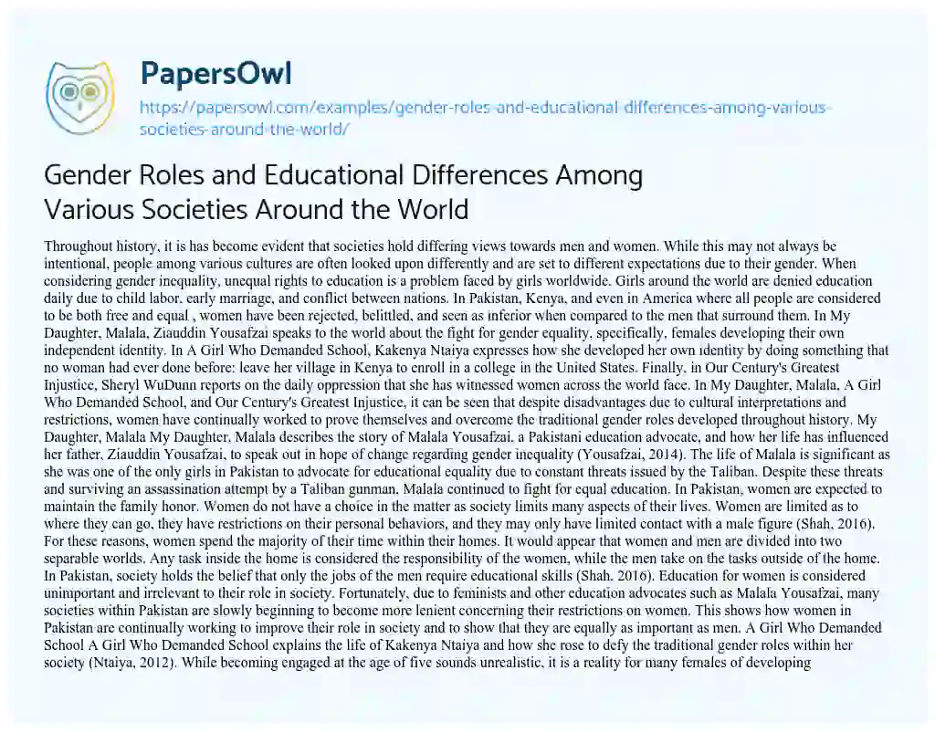Essay on Gender Roles and Educational Differences Among Various Societies Around the World