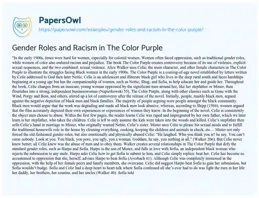 Essay on Gender Roles and Racism in the Color Purple