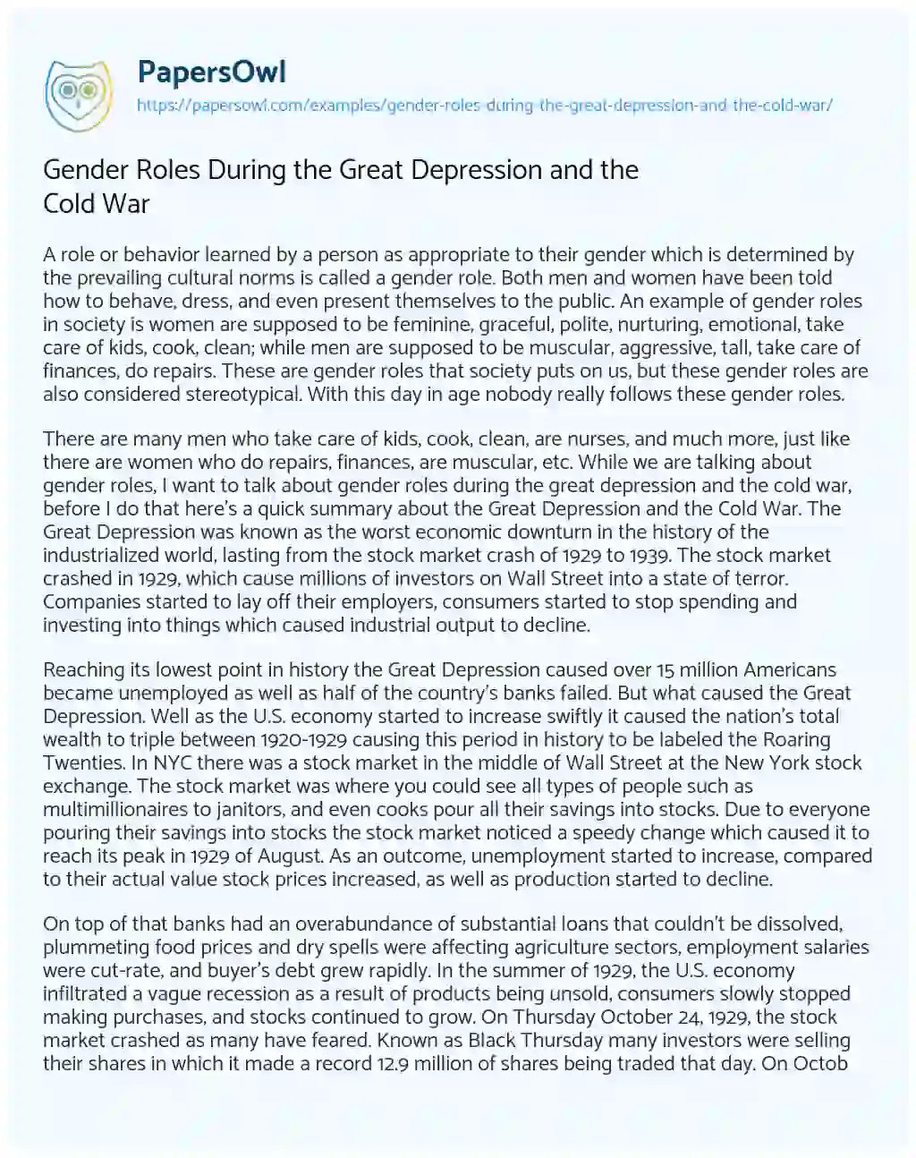Essay on Gender Roles during the Great Depression and the Cold War