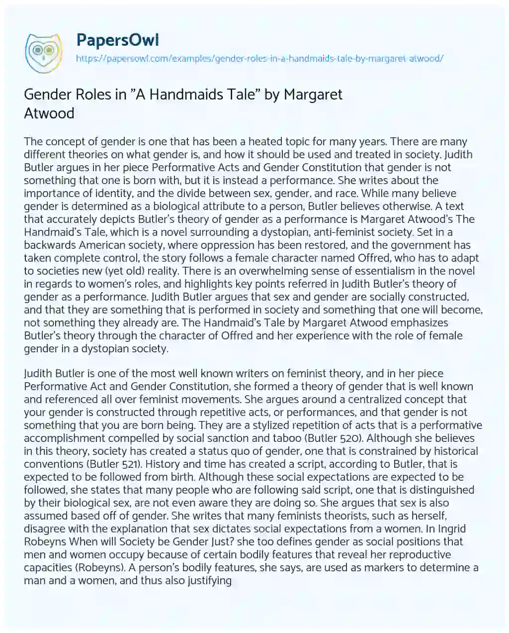 Essay on Gender Roles in “A Handmaids Tale” by Margaret Atwood