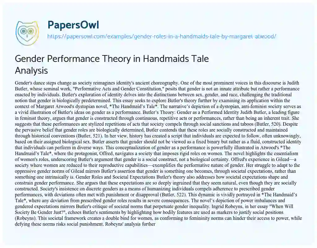 Essay on Gender Roles in “A Handmaids Tale” by Margaret Atwood