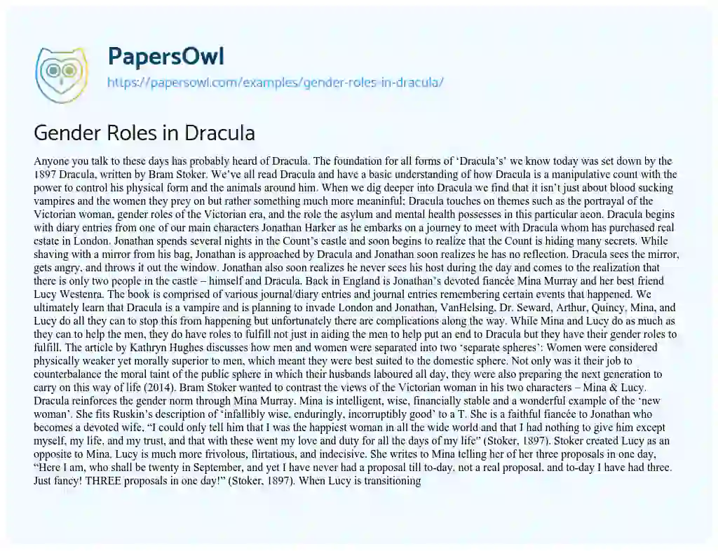 Essay on Gender Roles in Dracula