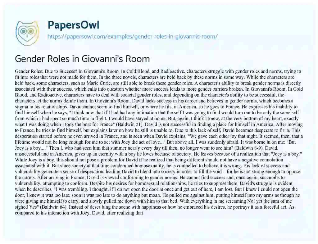 Essay on Gender Roles in Giovanni’s Room