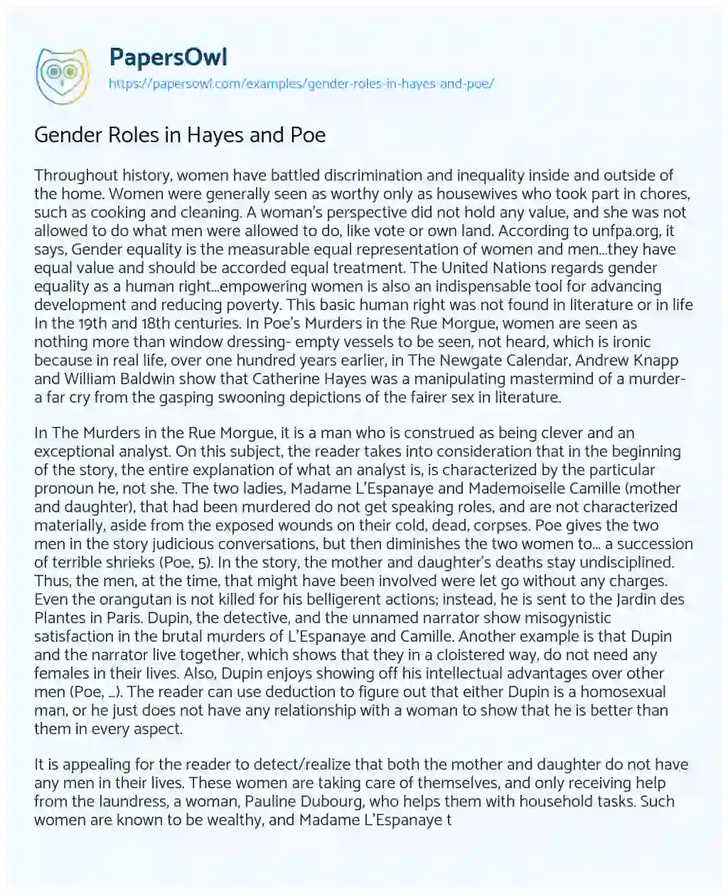 Essay on Gender Roles in Hayes and Poe