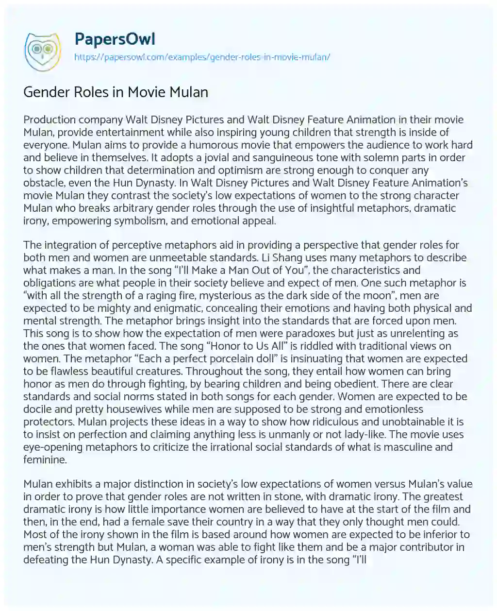 Essay on Gender Roles in Movie Mulan