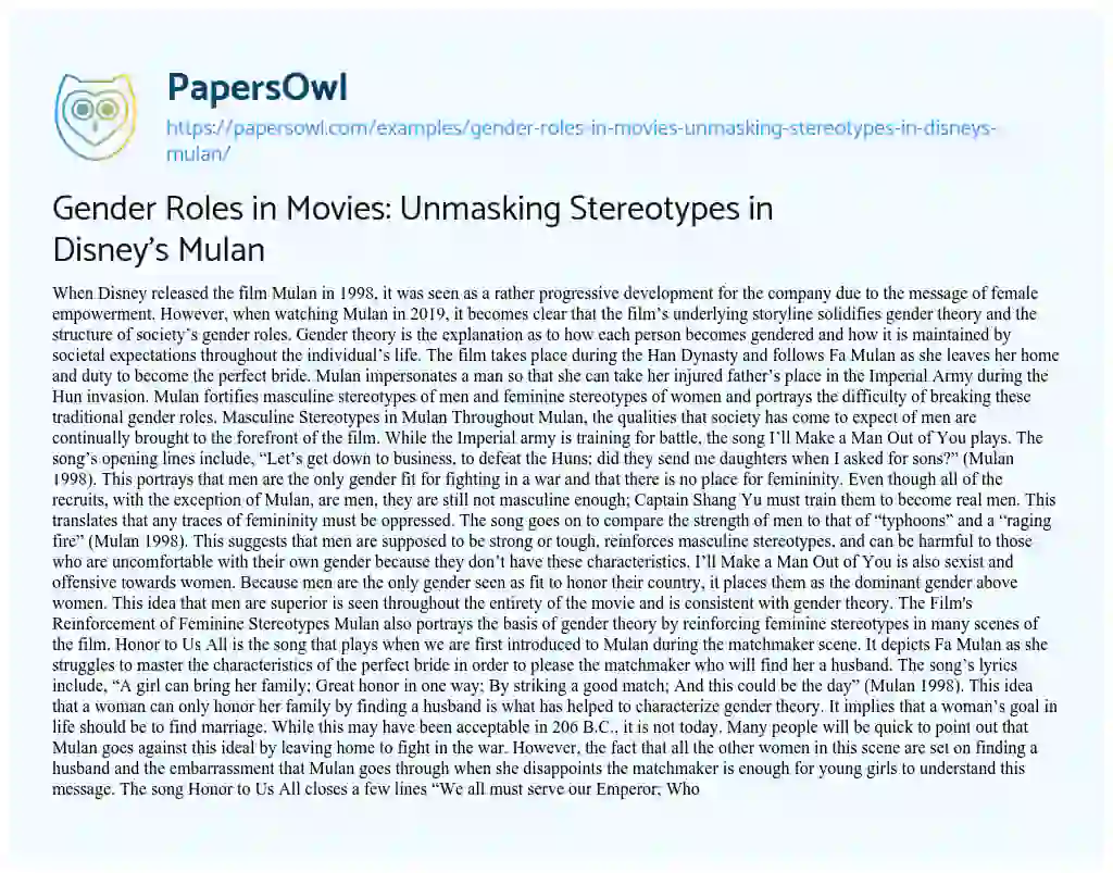Essay on Gender Roles in Movies: Unmasking Stereotypes in Disney’s Mulan