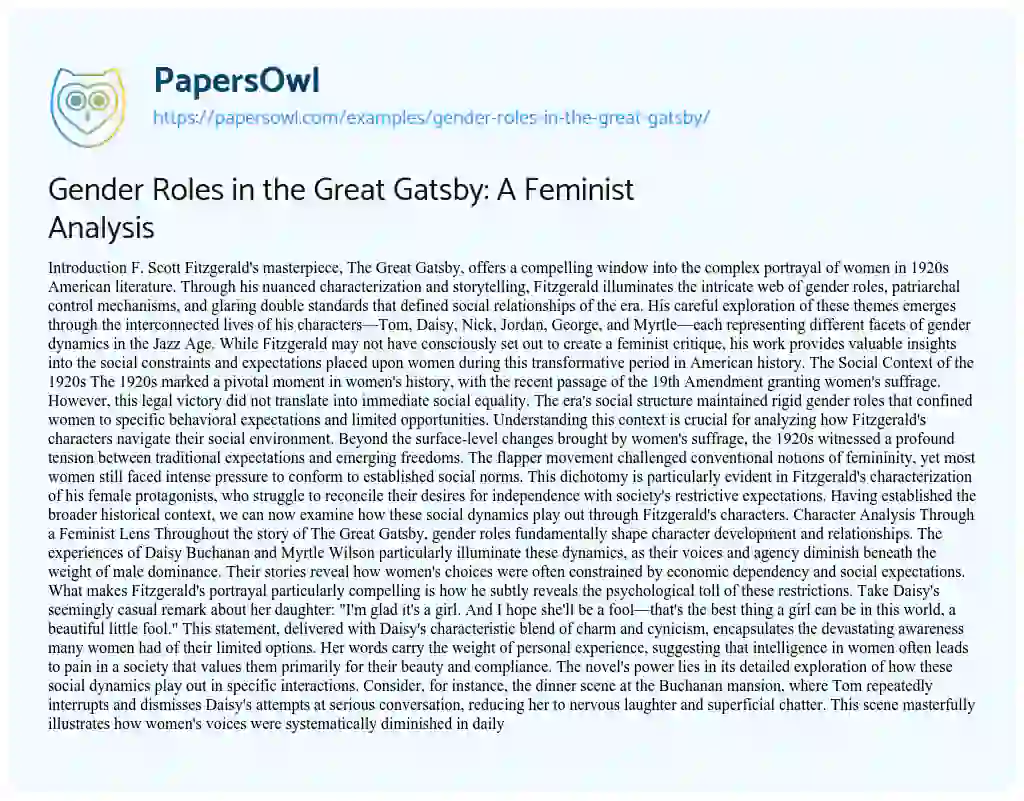 Essay on Gender Roles in the Great Gatsby