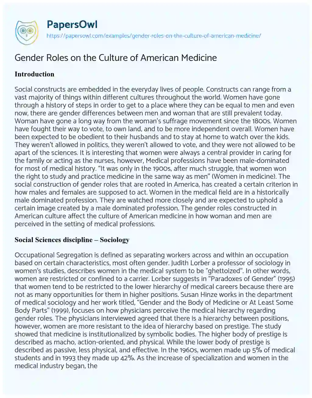 Essay on Gender Roles on the Culture of American Medicine