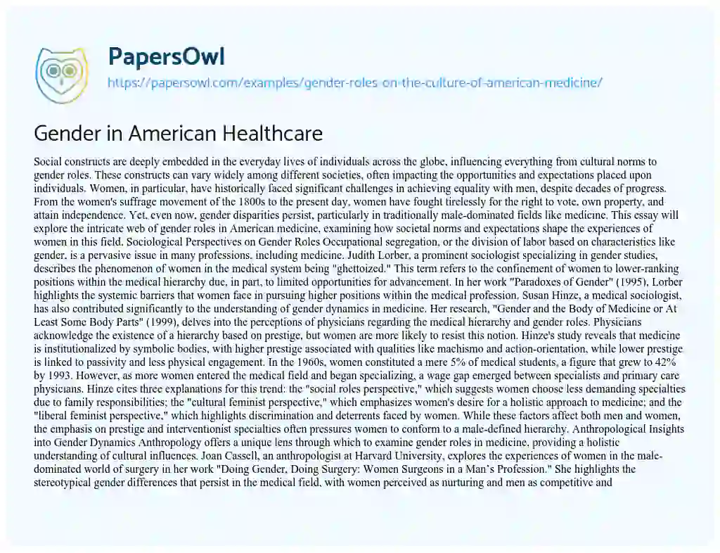 Essay on Gender Roles on the Culture of American Medicine