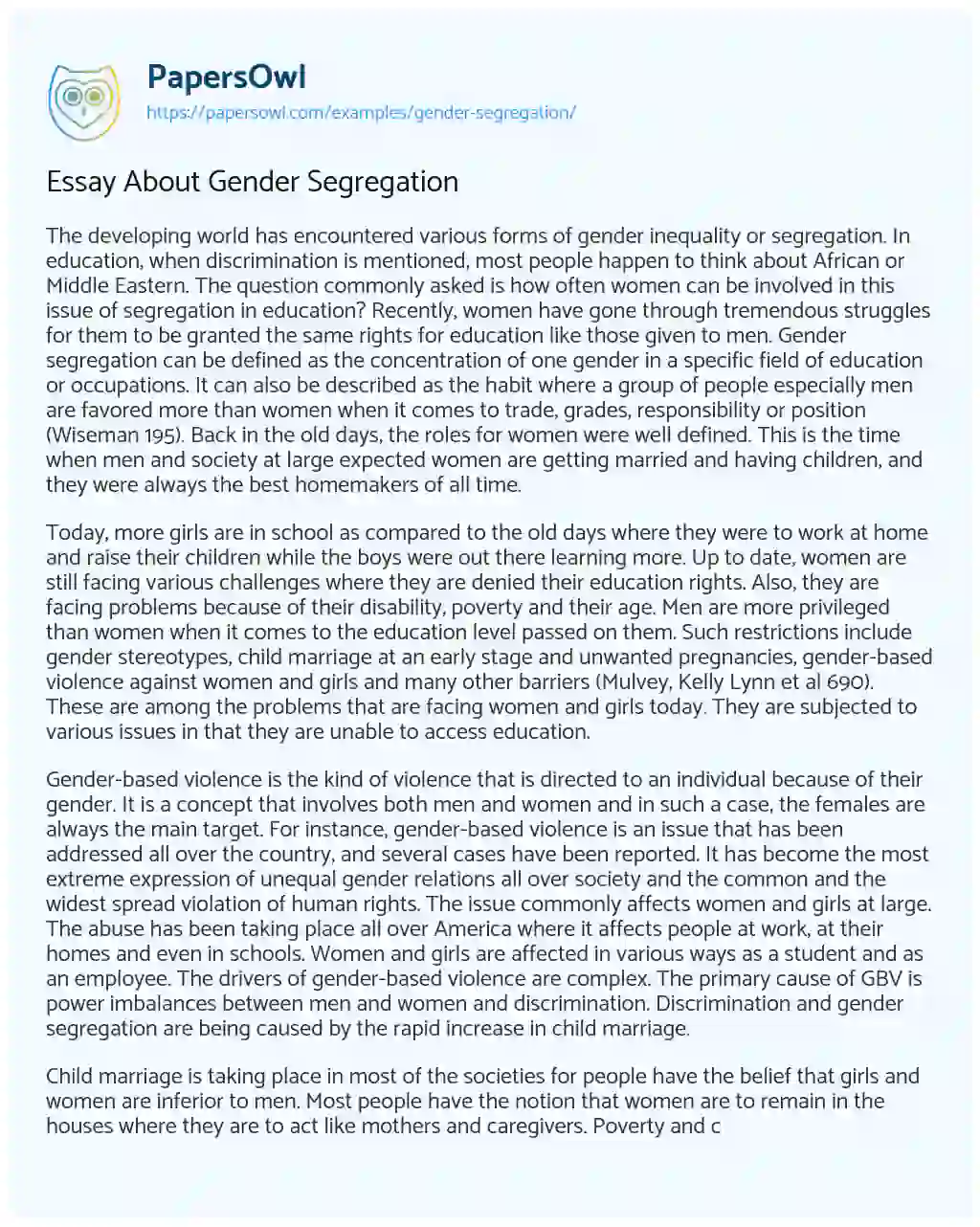 Essay on Essay about Gender Segregation
