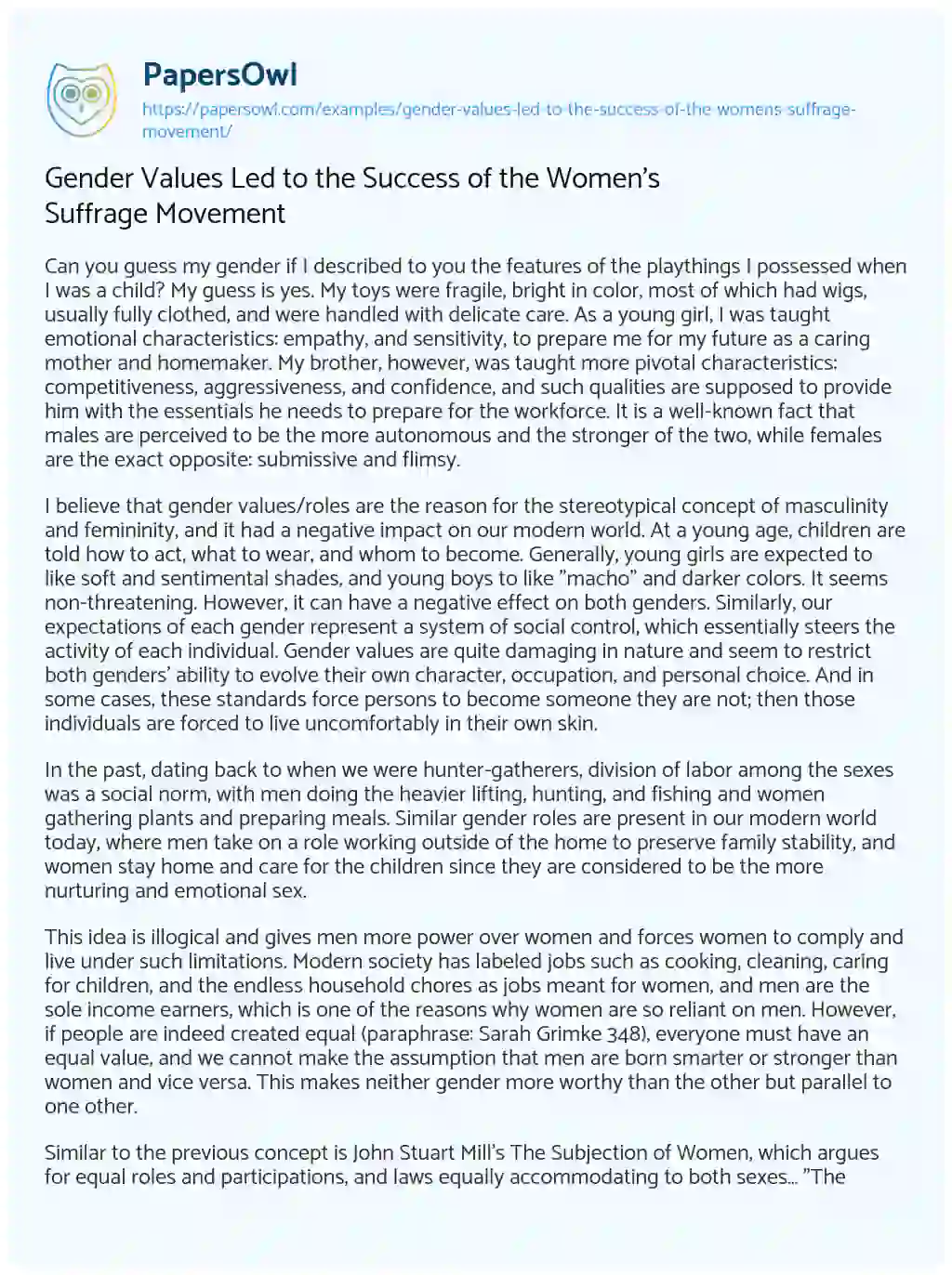 Essay on Gender Values Led to the Success of the Women’s Suffrage Movement