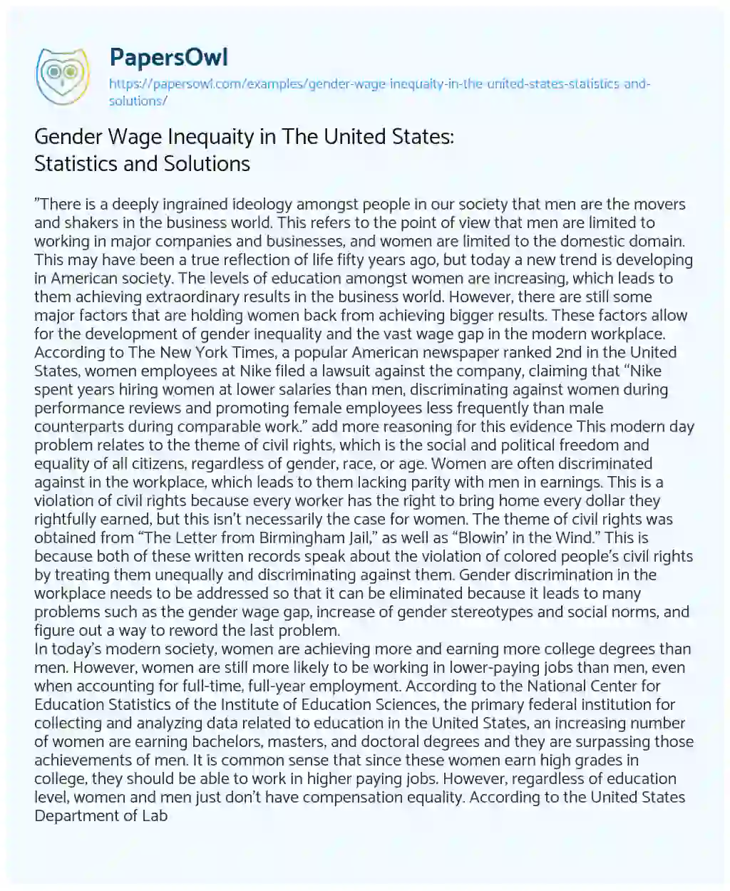 Essay on Gender Wage Inequaity in the United States: Statistics and Solutions