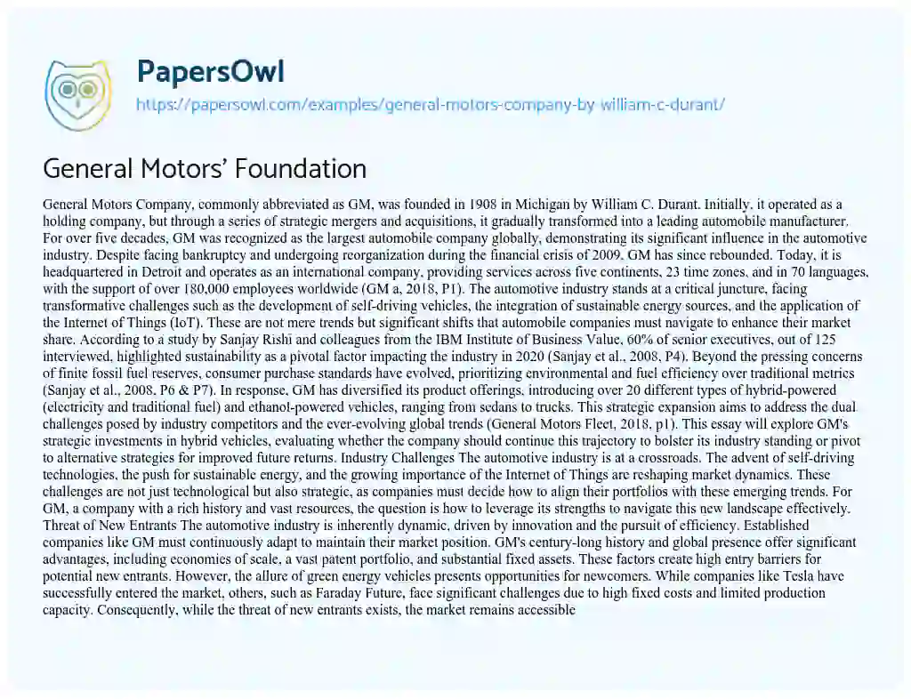 Essay on General Motors Company by William C. Durant