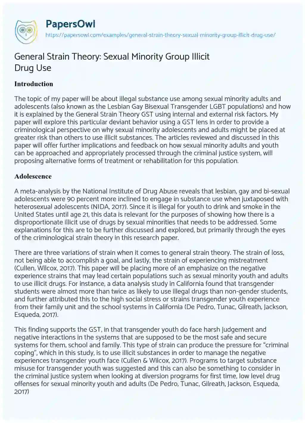 Essay on General Strain Theory: Sexual Minority Group Illicit Drug Use