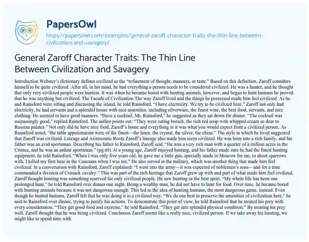 Essay on General Zaroff Character Traits: the Thin Line between Civilization and Savagery