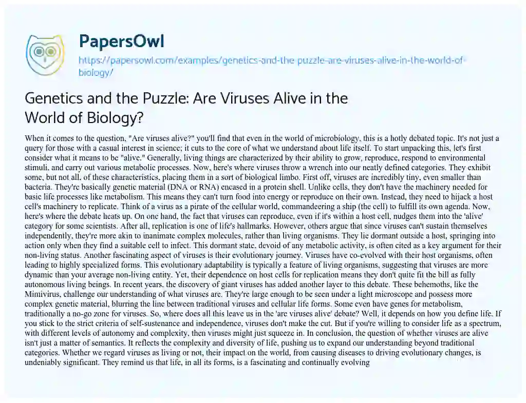 Essay on Genetics and the Puzzle: are Viruses Alive in the World of Biology?