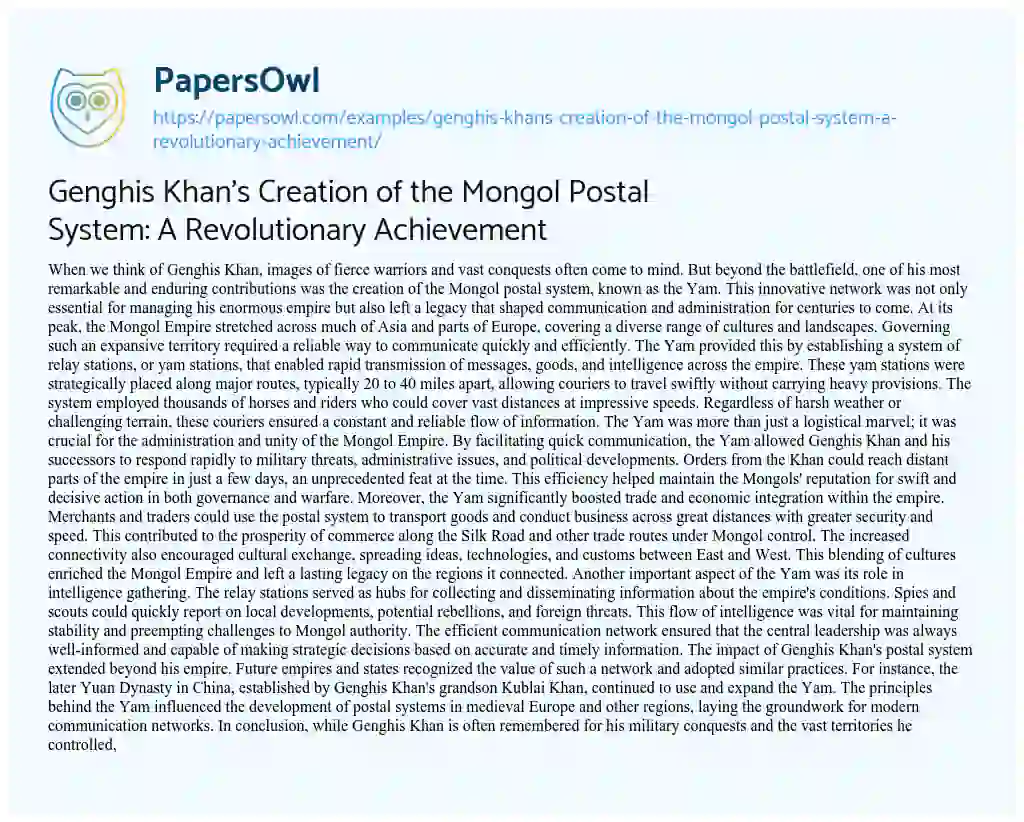 Essay on Genghis Khan’s Creation of the Mongol Postal System: a Revolutionary Achievement
