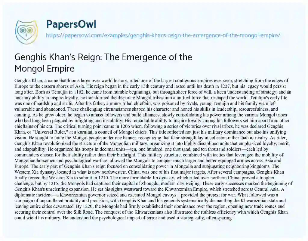 Essay on Genghis Khan’s Reign: the Emergence of the Mongol Empire