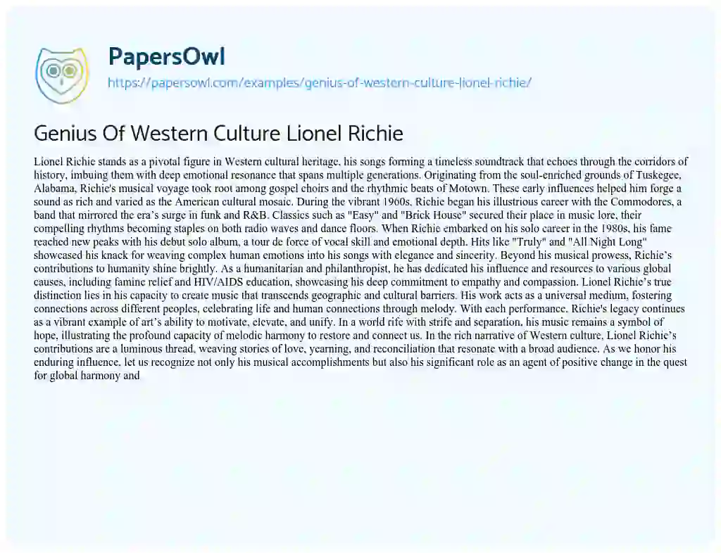 Essay on Genius of Western Culture Lionel Richie