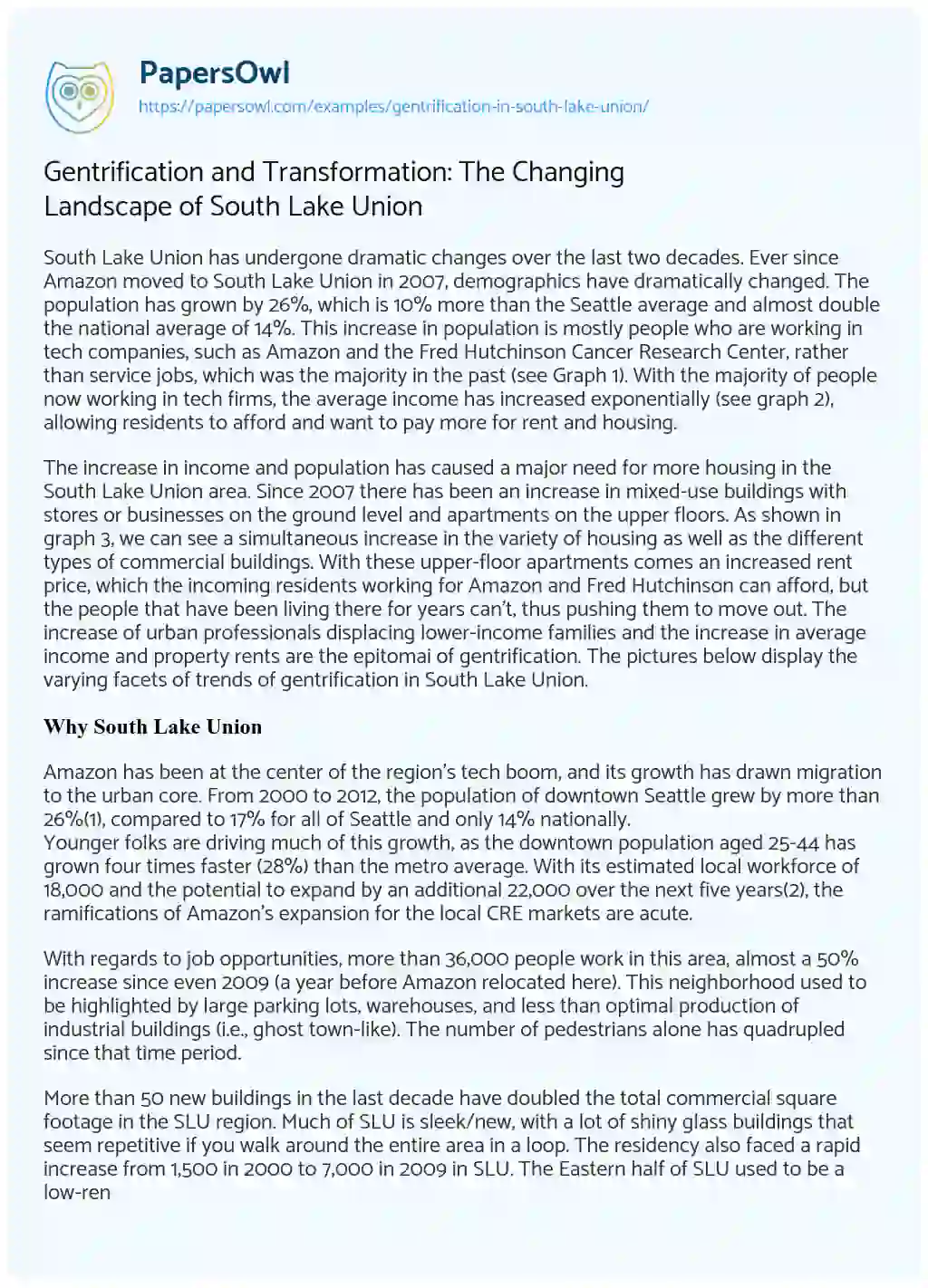 Essay on Gentrification and Transformation: the Changing Landscape of South Lake Union