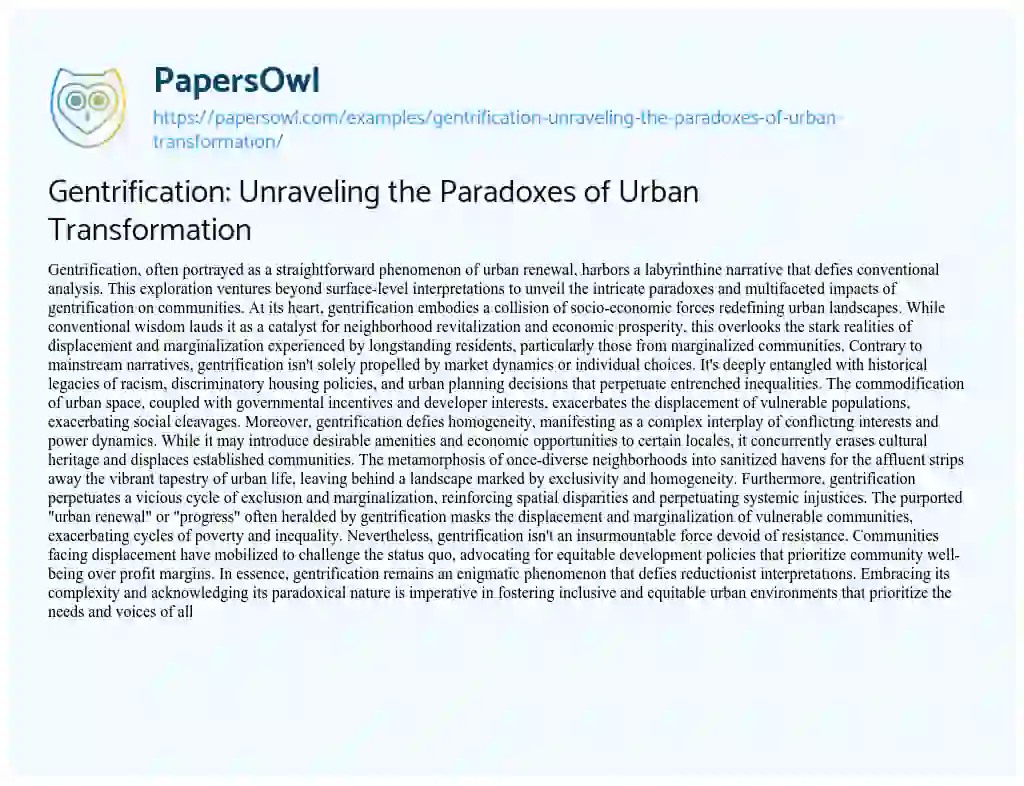 Essay on Gentrification: Unraveling the Paradoxes of Urban Transformation