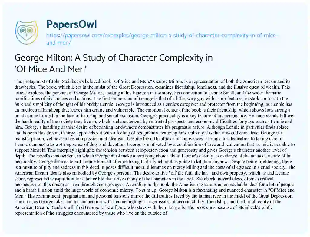 Essay on George Milton: a Study of Character Complexity in ‘Of Mice and Men’