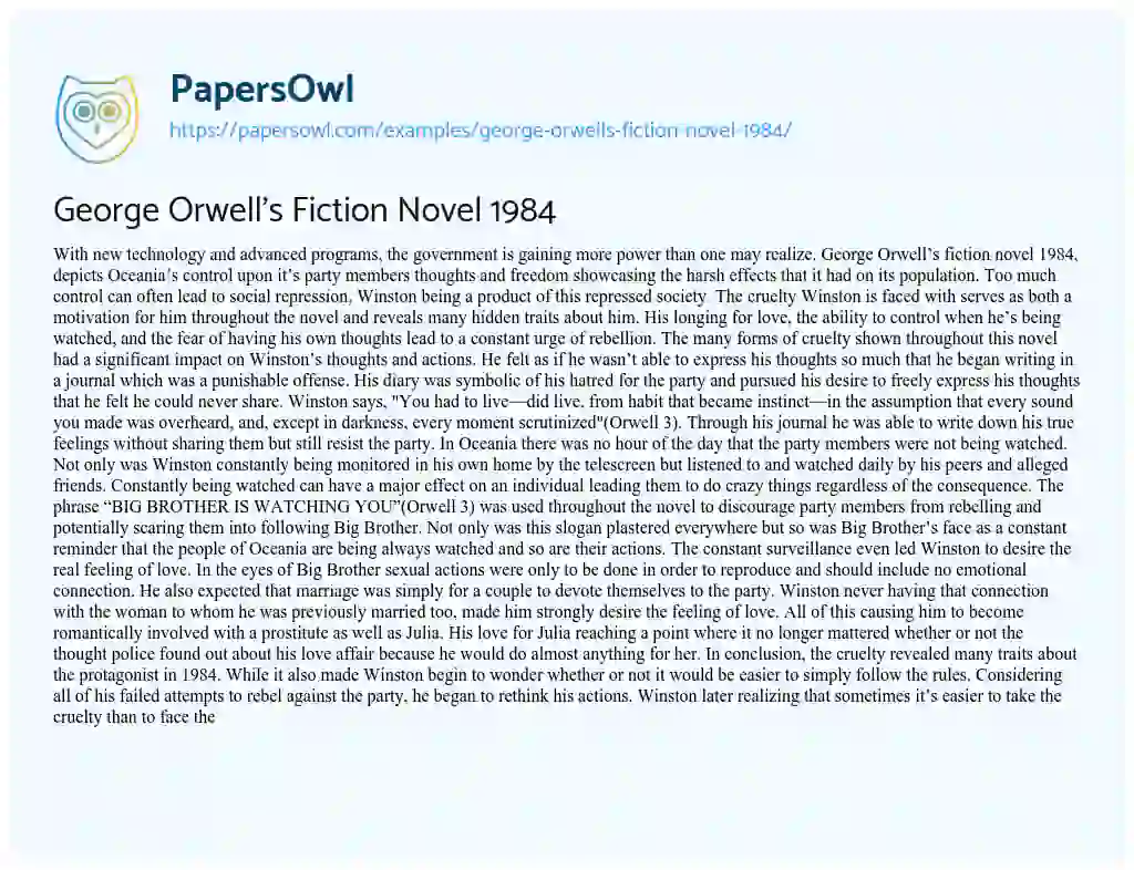 George Orwell’s Fiction Novel 1984 essay